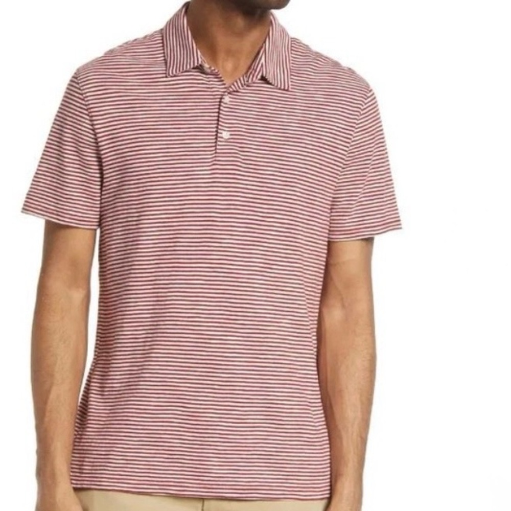 Vince Mens Stripe Slub Cotton Polo Shirt  White / Red Casual Golf Large